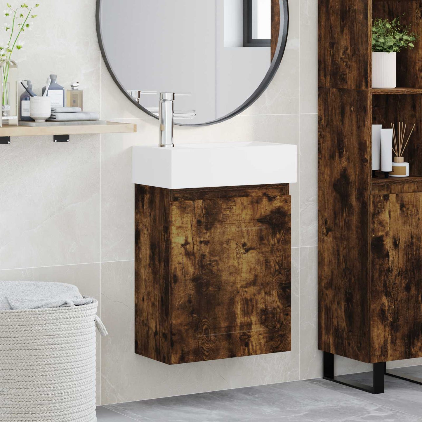vidaXL Bathroom Vanity Unit with Tap Smoked Oak 45.5 x 22.5 x 84 cm