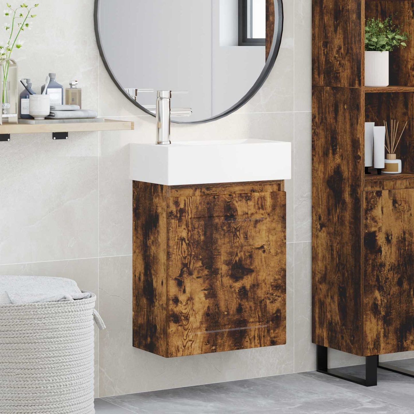 vidaXL Bathroom Vanity Unit with Tap Smoked Oak 45.5 x 22.5 x 84 cm