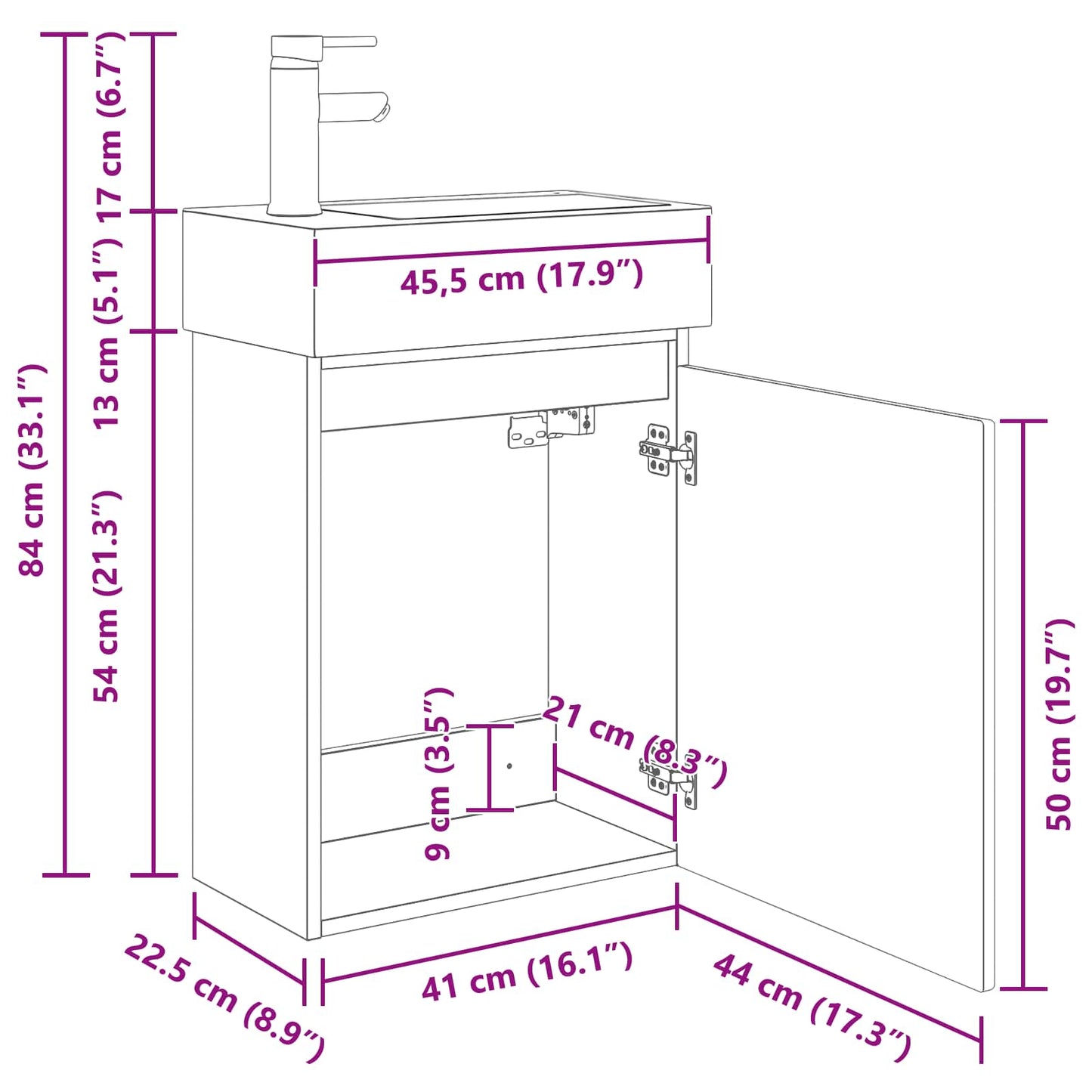 vidaXL Bathroom Vanity Unit with Tap Smoked Oak 45.5 x 22.5 x 84 cm