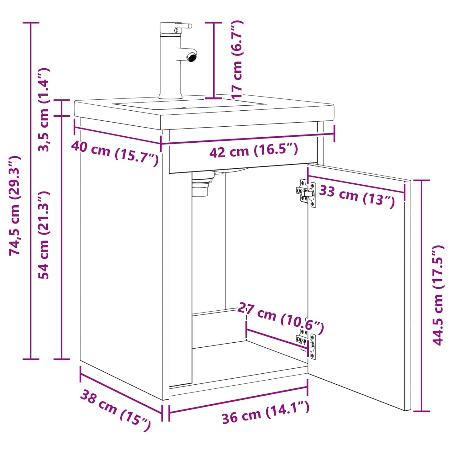 vidaXL Bathroom Vanity Unit with Tap White 42 x 40 x 74.5 cm