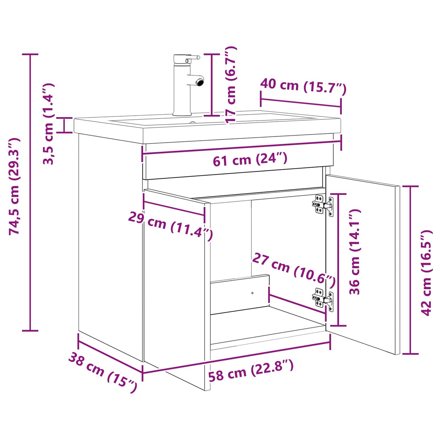 vidaXL Bathroom Vanity Unit with Tap Grey Sonoma 61 x 40 x 74.5 cm