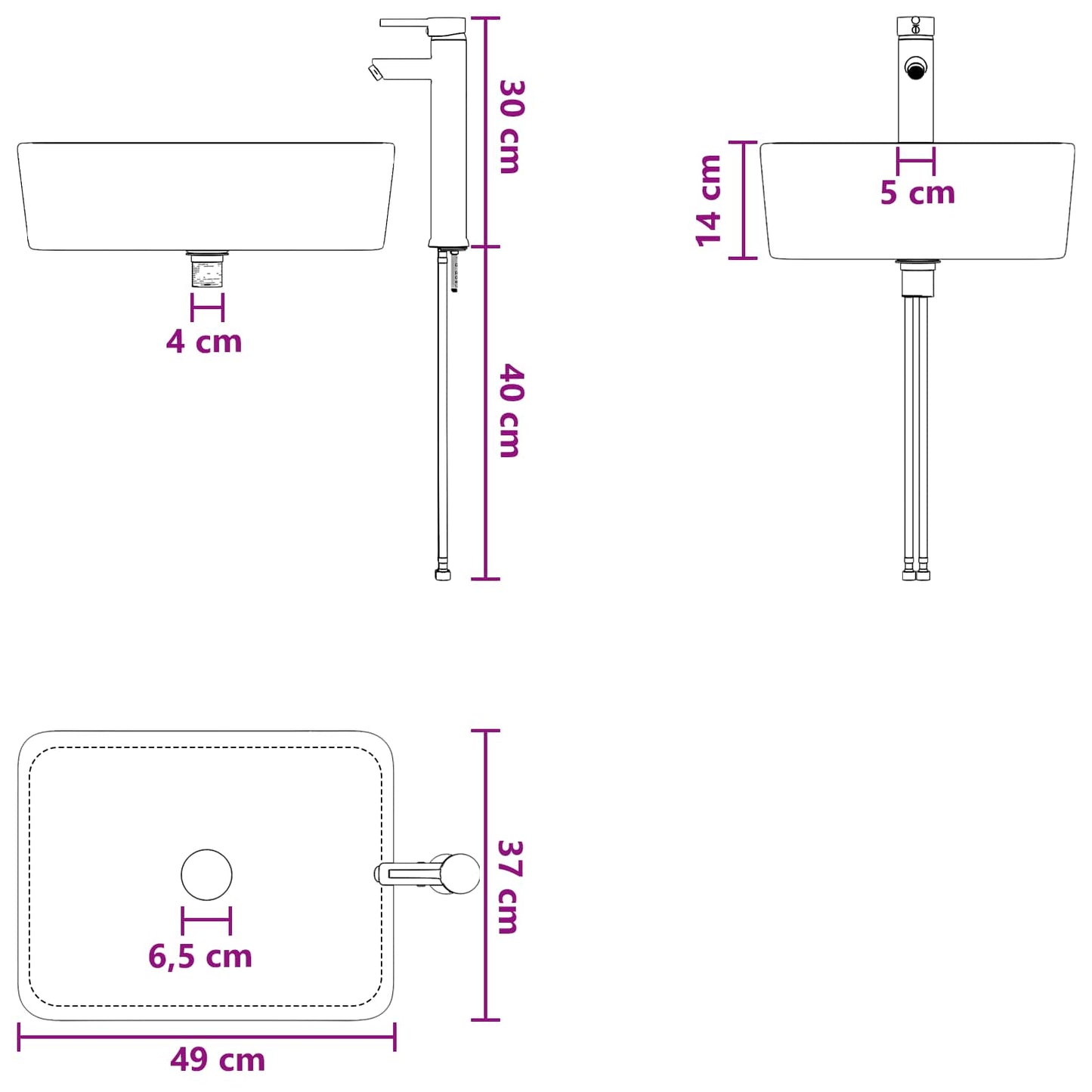 vidaXL Bathroom Wash Basin Matte Black 49 x 37 x 14 cm Metal