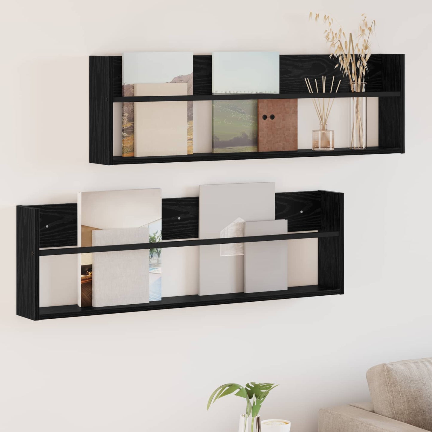 vidaXL Magazine Rack 2 pcs Black Oak 100 x 12 x 30 cm Engineered Wood