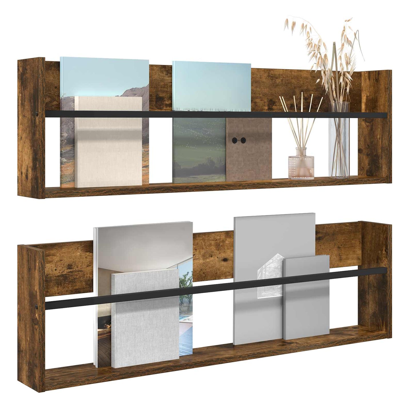 vidaXL Magazine Rack 2 pcs Smoked Oak 100 x 12 x 30 cm Engineered Wood