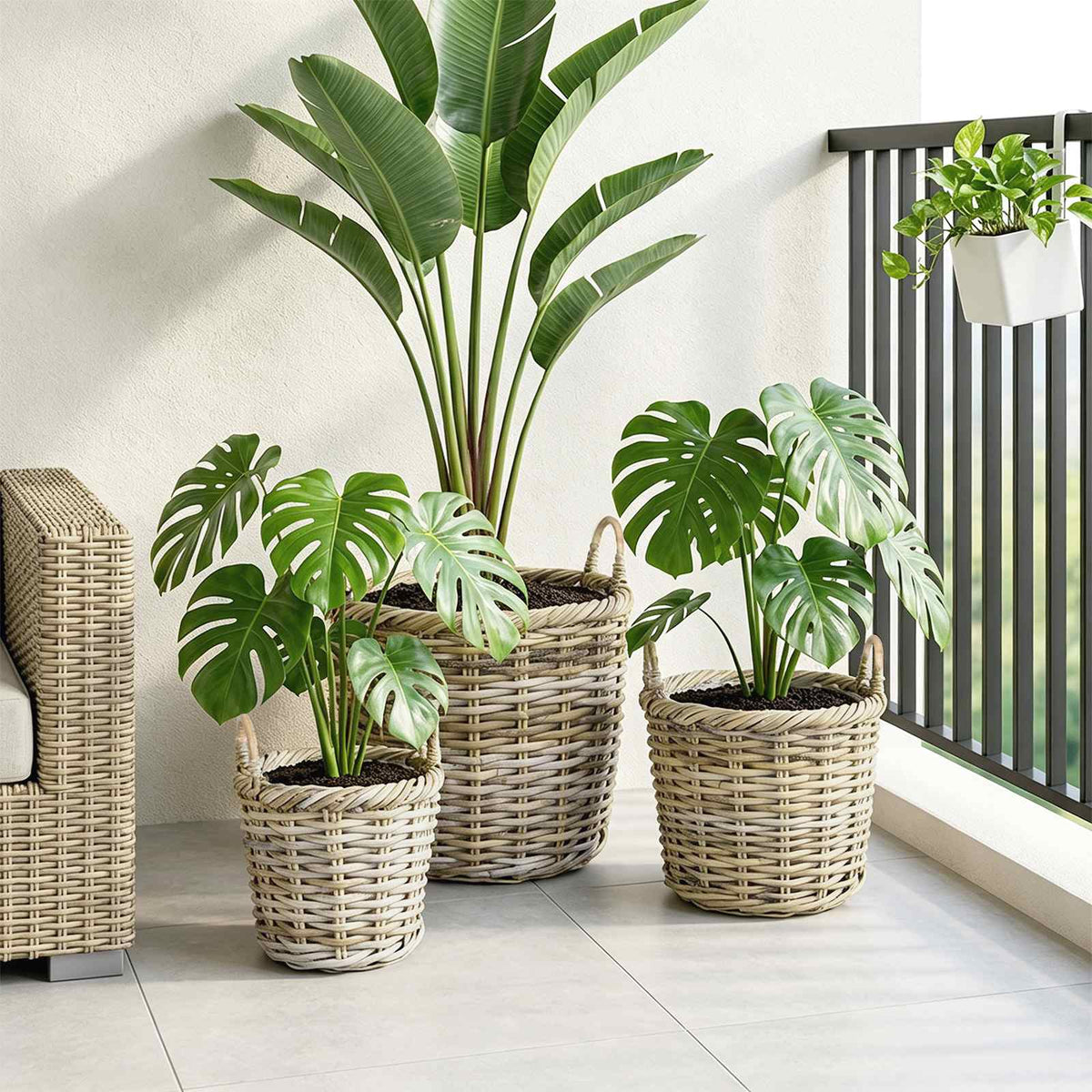 vidaXL Planter Basket GENDT 3 pcs Natural Grey Kubu Rattan