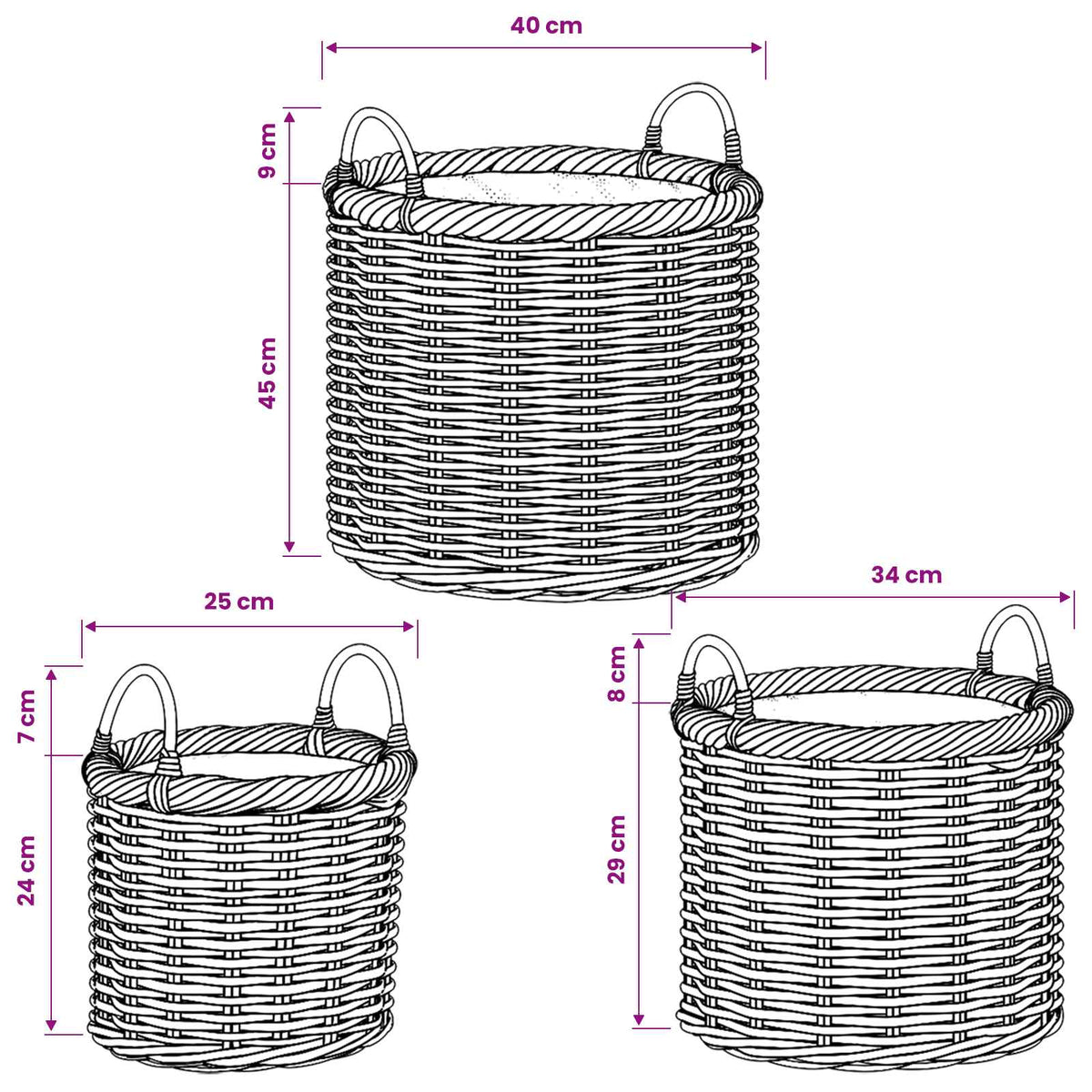 vidaXL Planter Basket GENDT 3 pcs Natural Grey Kubu Rattan
