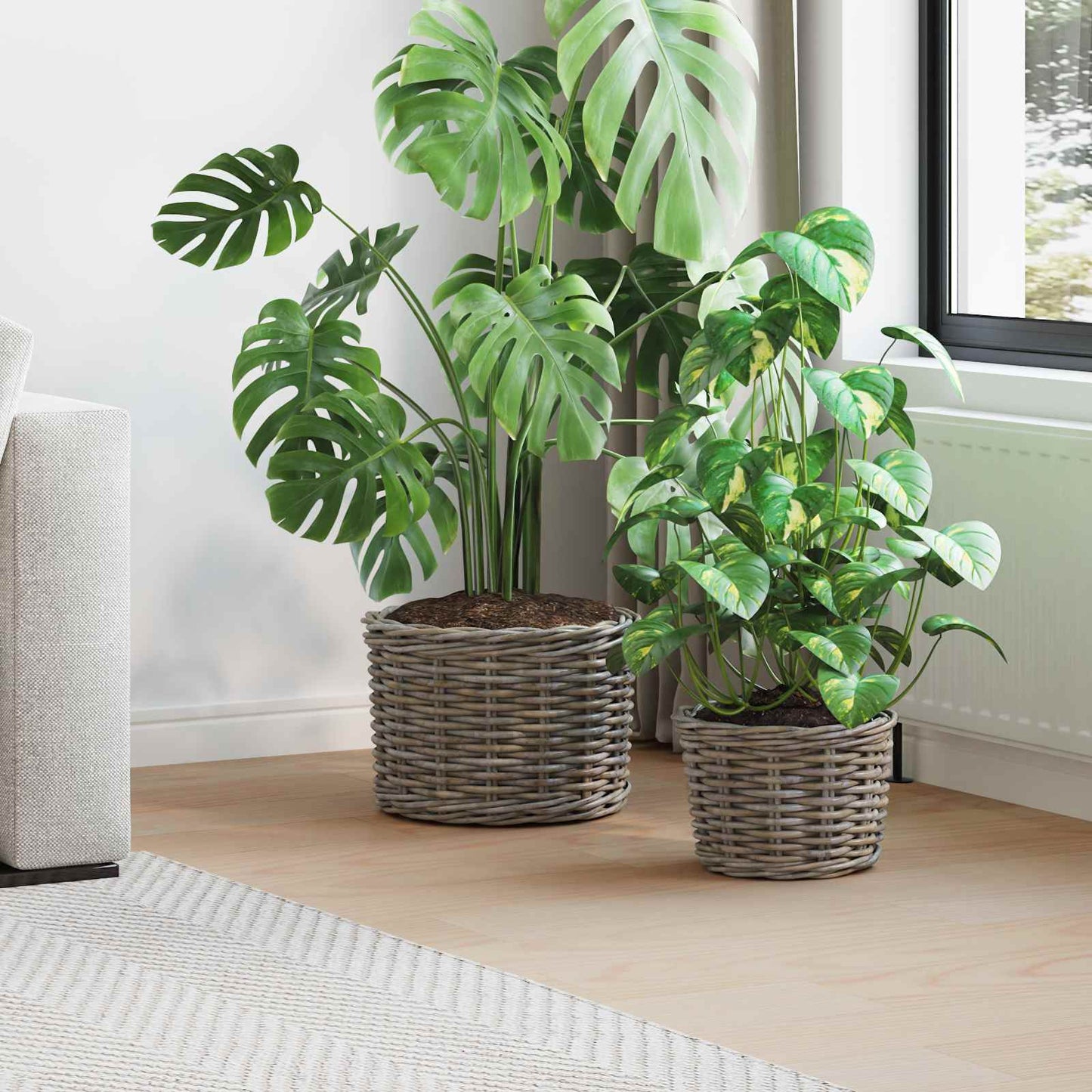 vidaXL Planter Basket with Storage 2 pcs Natural Grey Kubu Rattan