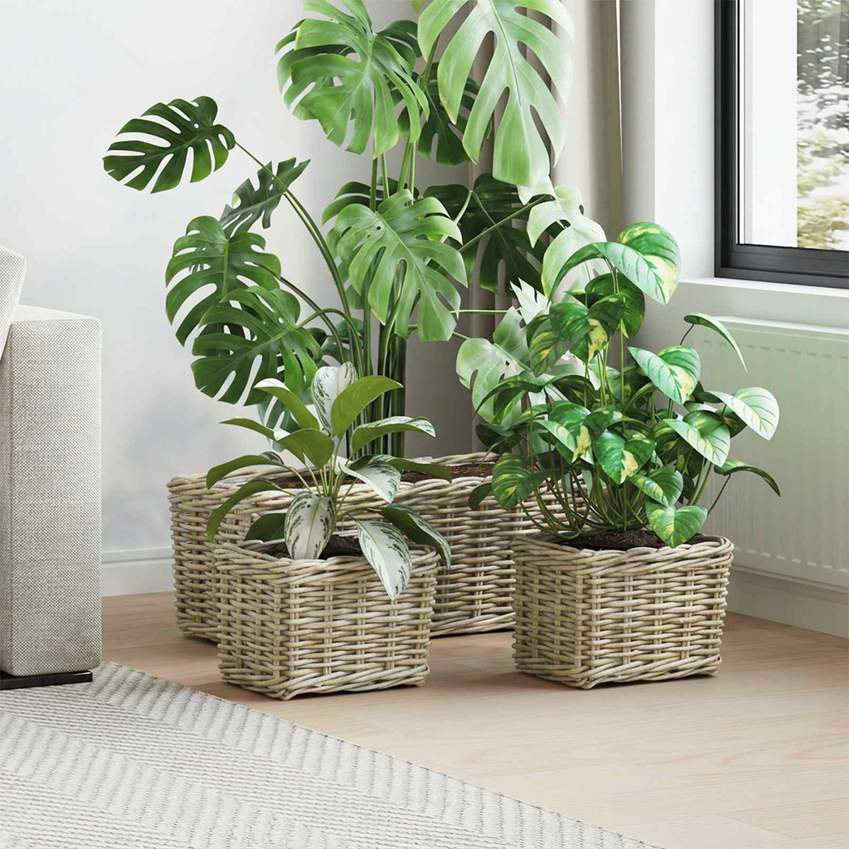 vidaXL Planter Basket GENDT 3 pcs Natural Grey Kubu Rattan