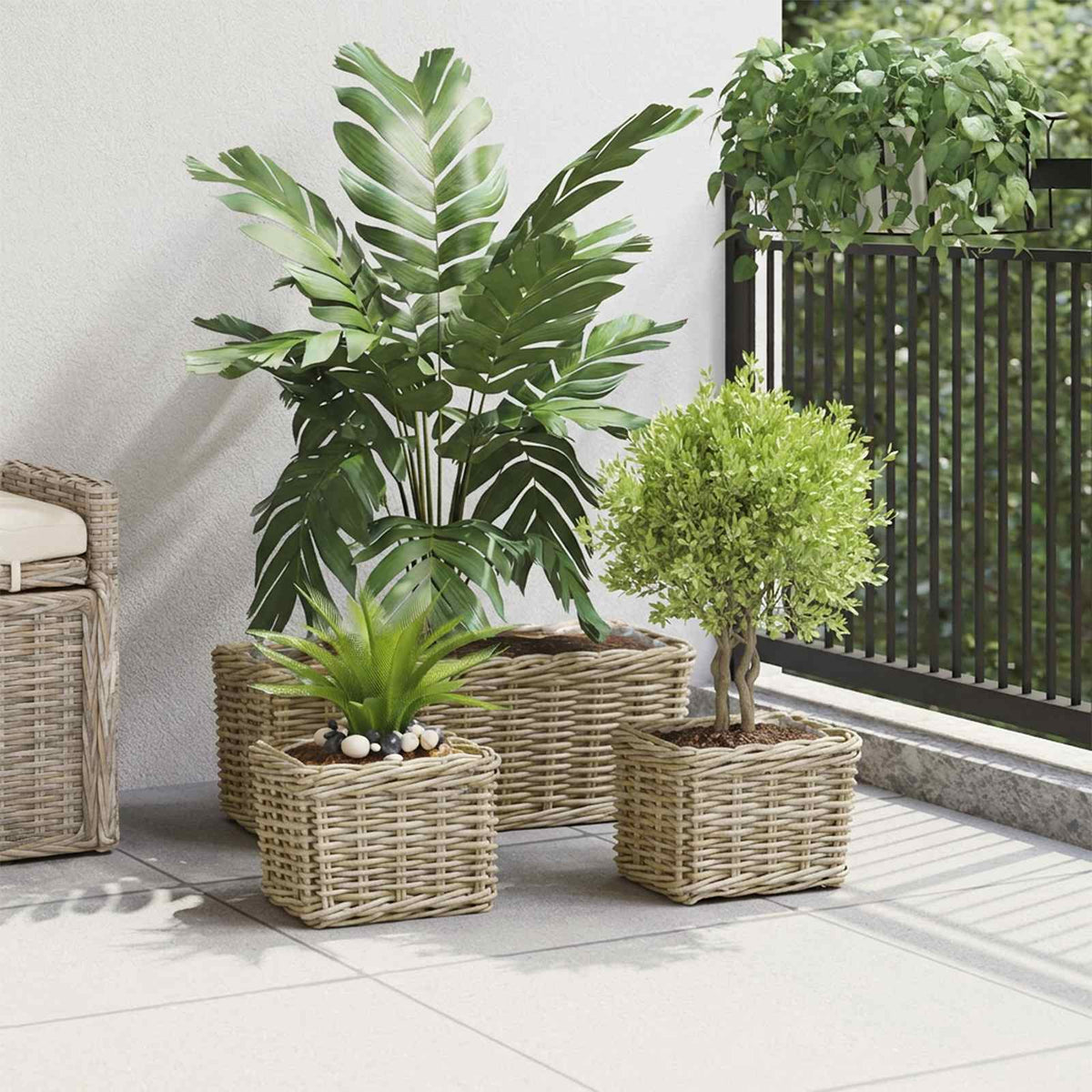 vidaXL Planter Basket GENDT 3 pcs Natural Grey Kubu Rattan