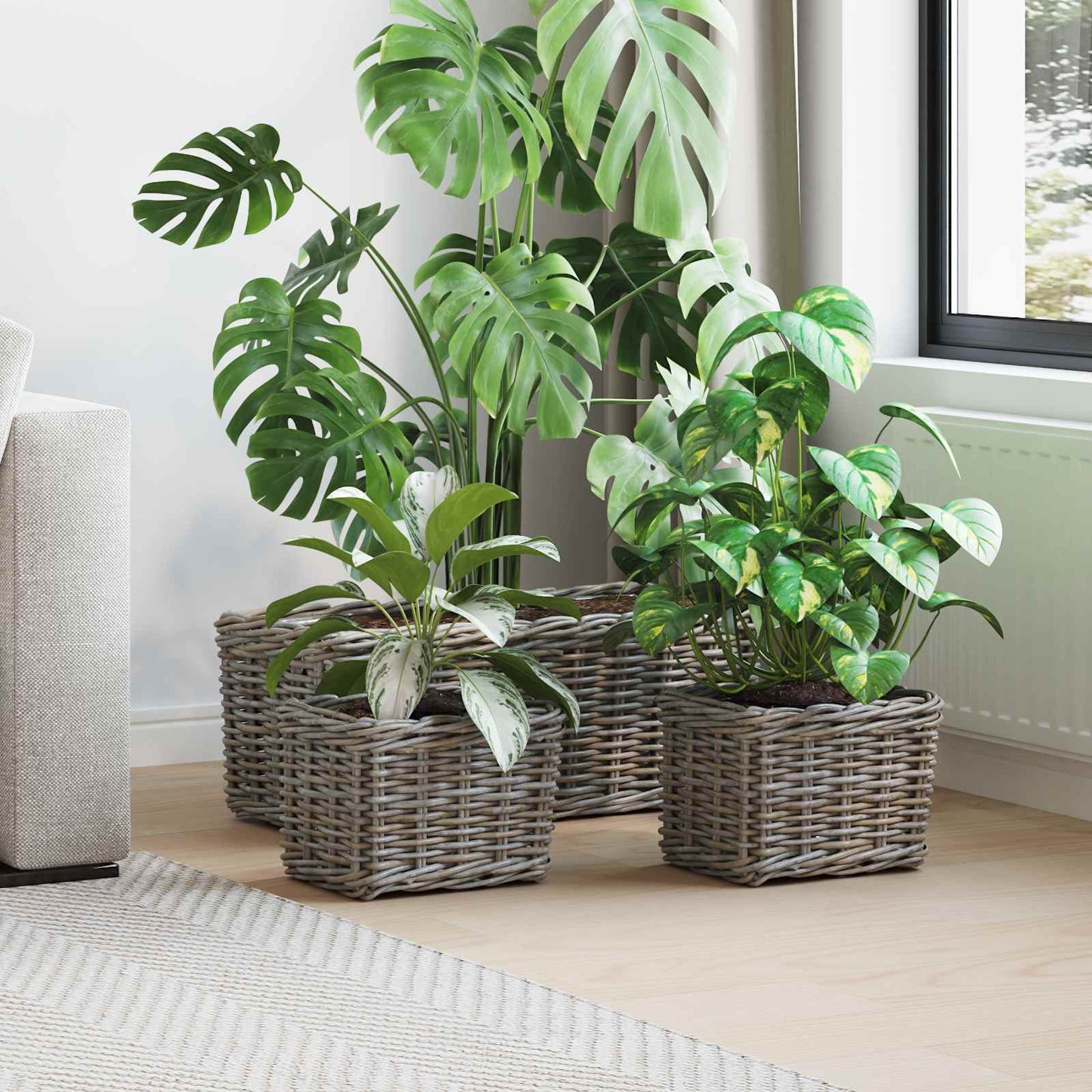 vidaXL Planter Basket with Storage 3 pcs Natural Grey Kubu Rattan