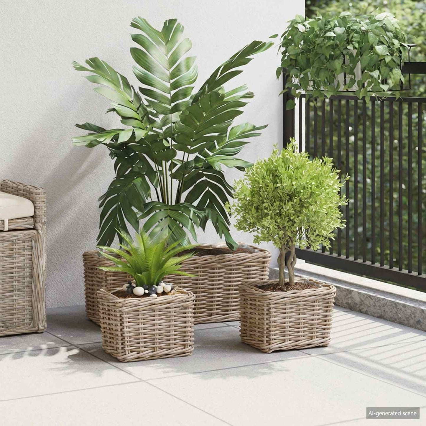 vidaXL Planter Basket with Storage 3 pcs Natural Grey Kubu Rattan