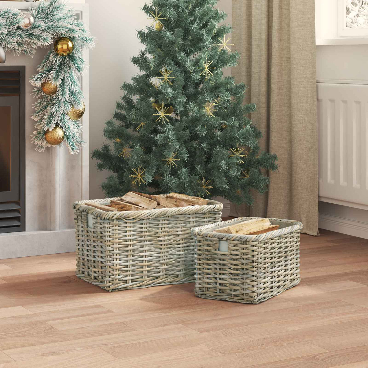 vidaXL Firewood Basket GENDT 2 pcs Natural Grey Kubu Rattan