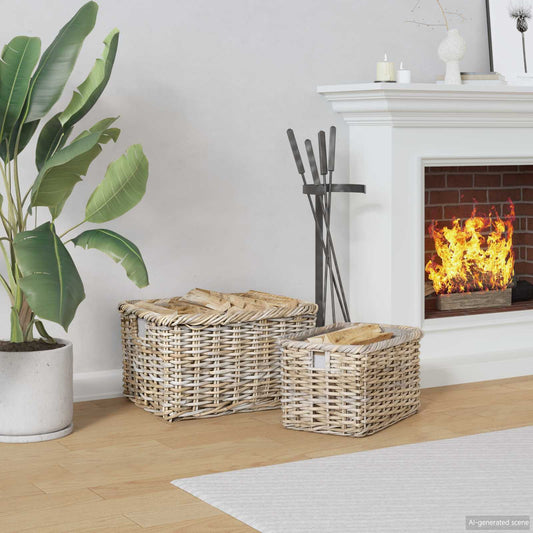 vidaXL Firewood Basket 2 pcs Natural Grey Kubu Rattan