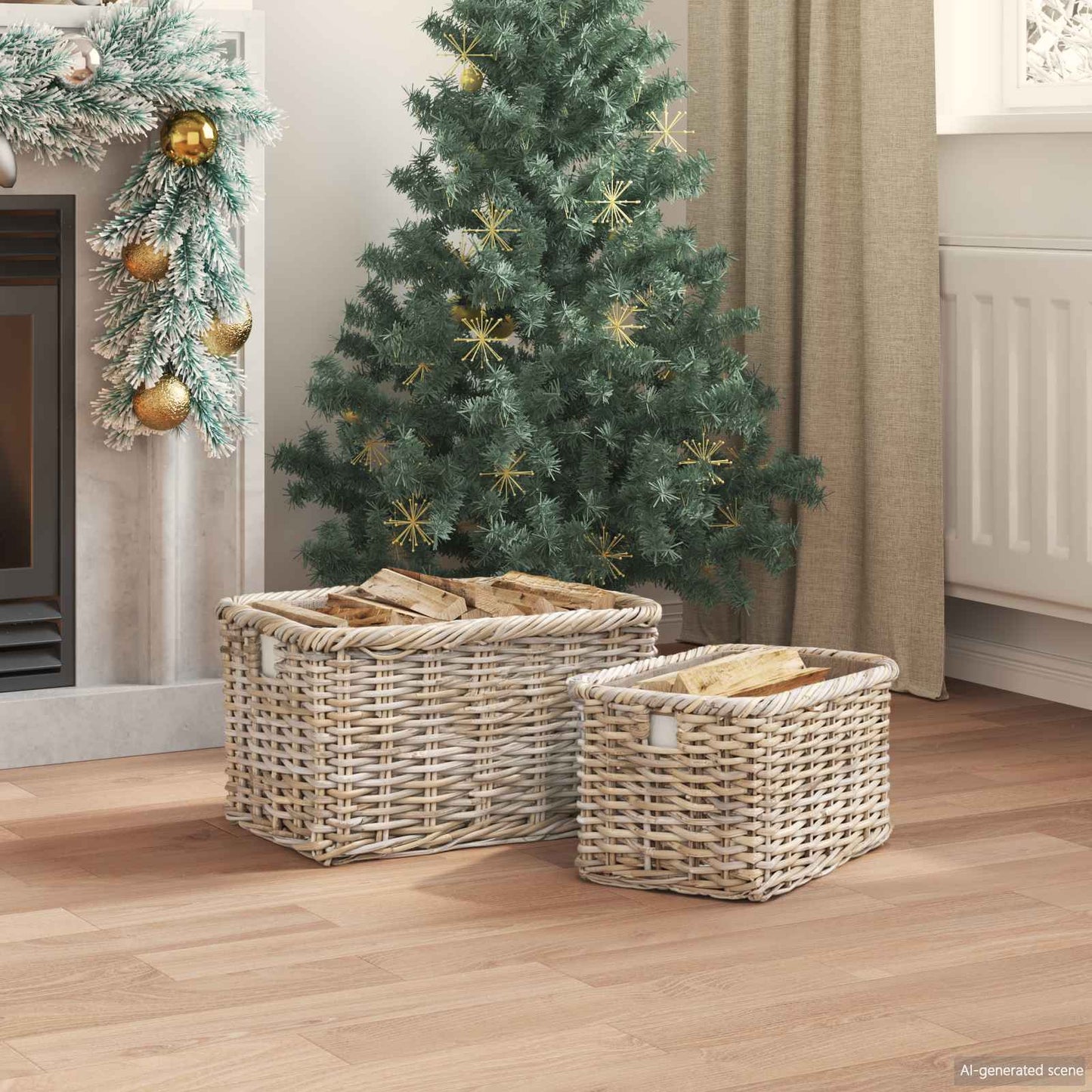 vidaXL Firewood Basket 2 pcs Natural Grey Kubu Rattan