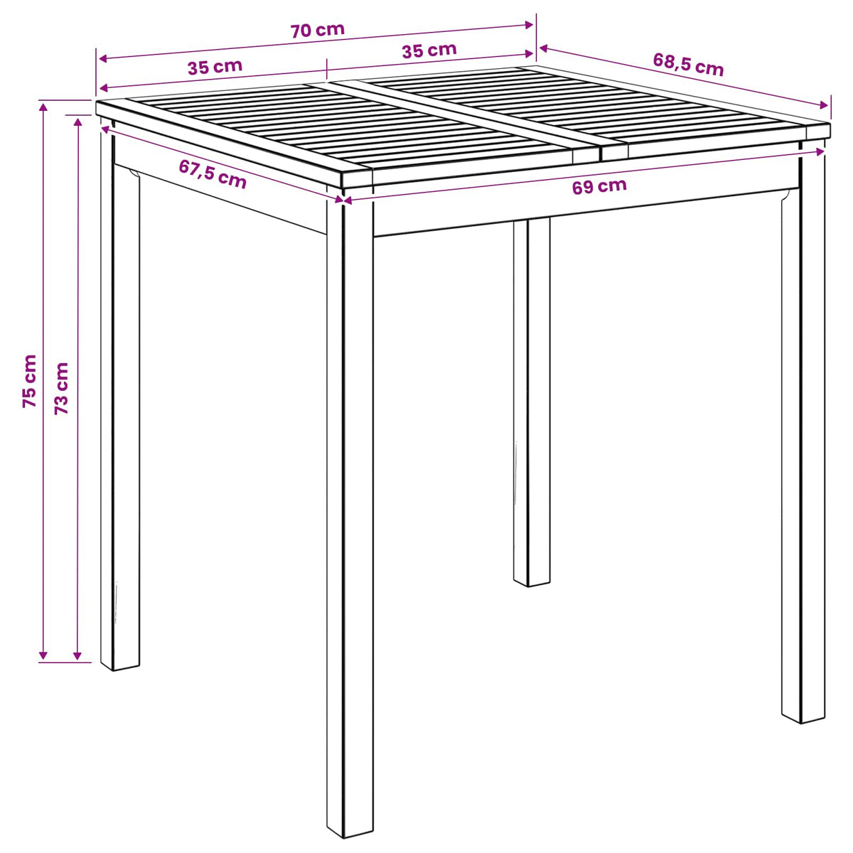 vidaXL Garden Dinner Table Natural 70 x 68.5 x 75 cm Solid Acacia Wood