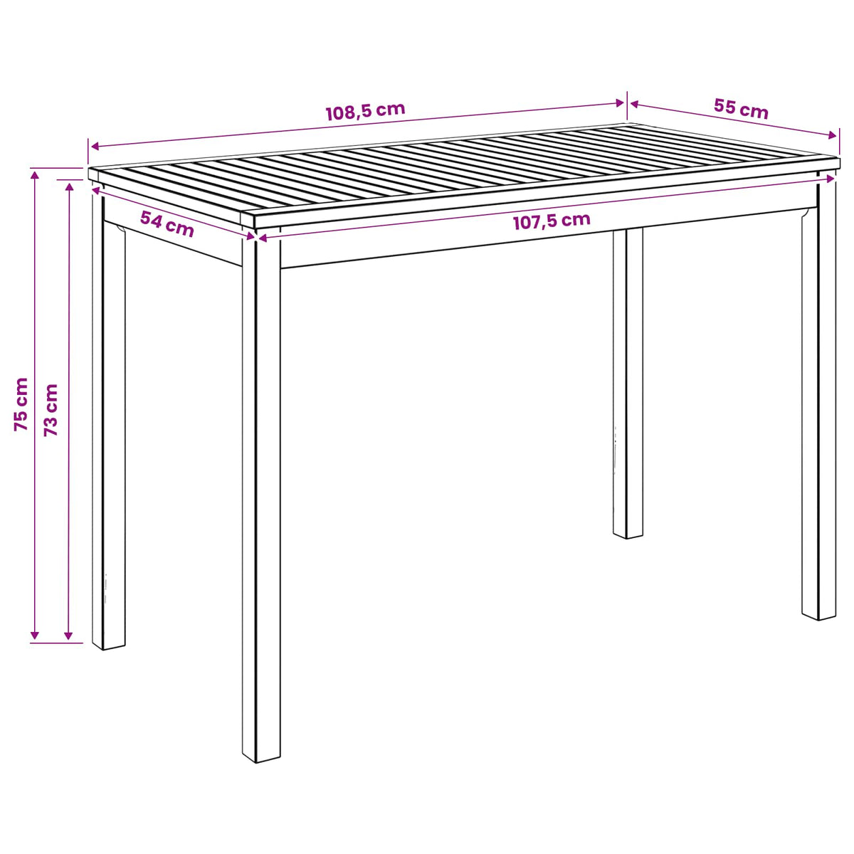 vidaXL Garden Dinner Table Natural 108.5 x 55 x 75 cm