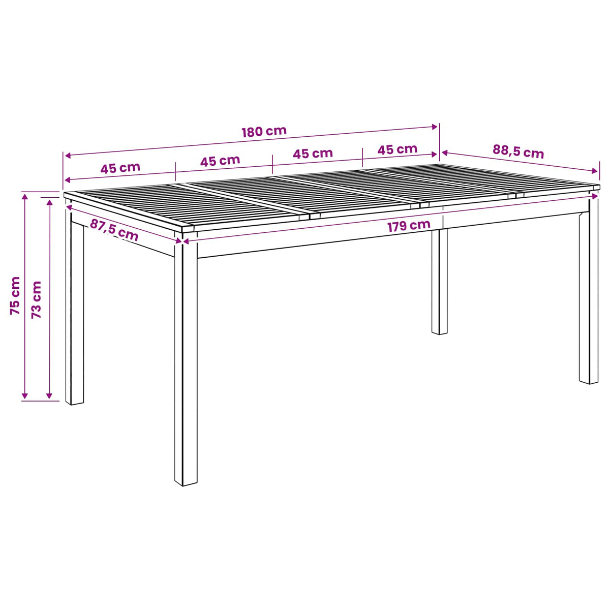 vidaXL Garden Dinner Table Natural 180 x 88.5 x 75 cm