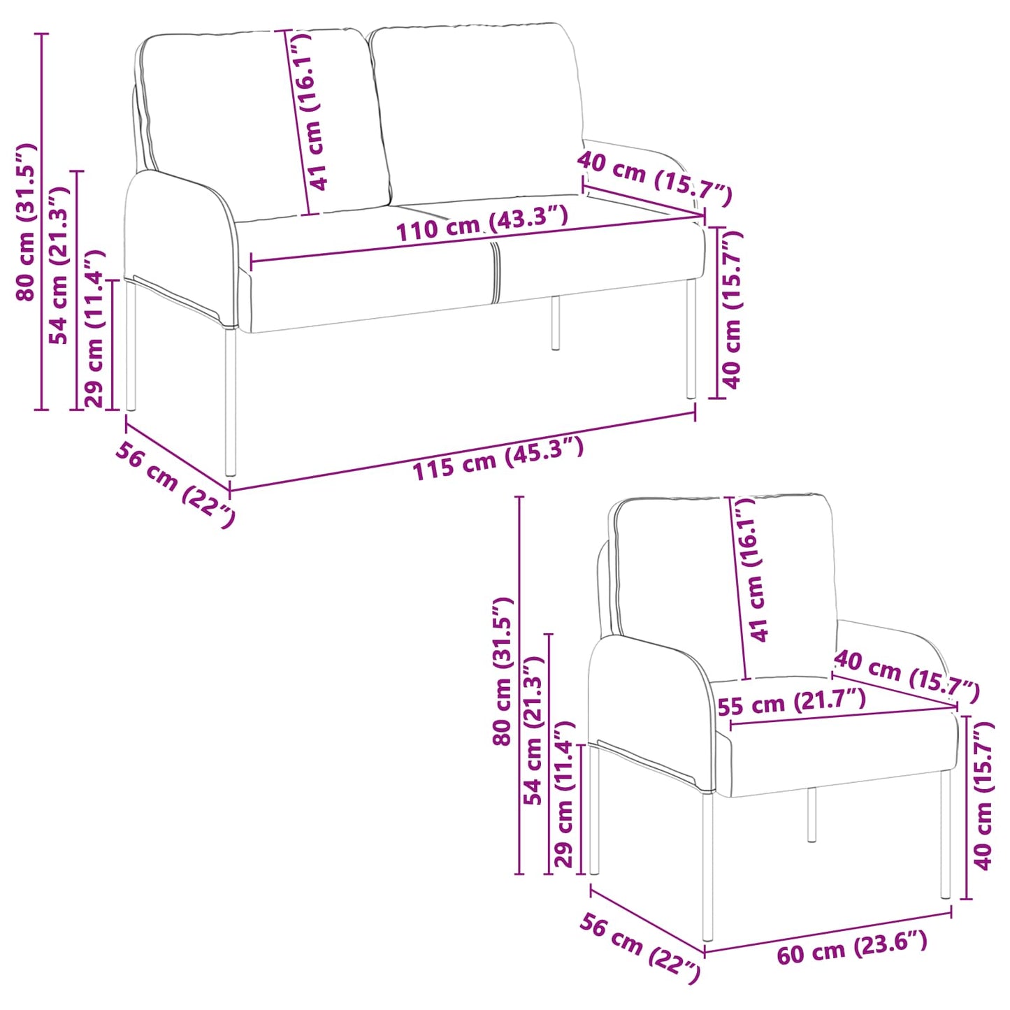 vidaXL Sofa Sets with Cushion 3 pcs Purple 115 x 56 x 80 cm Plywood