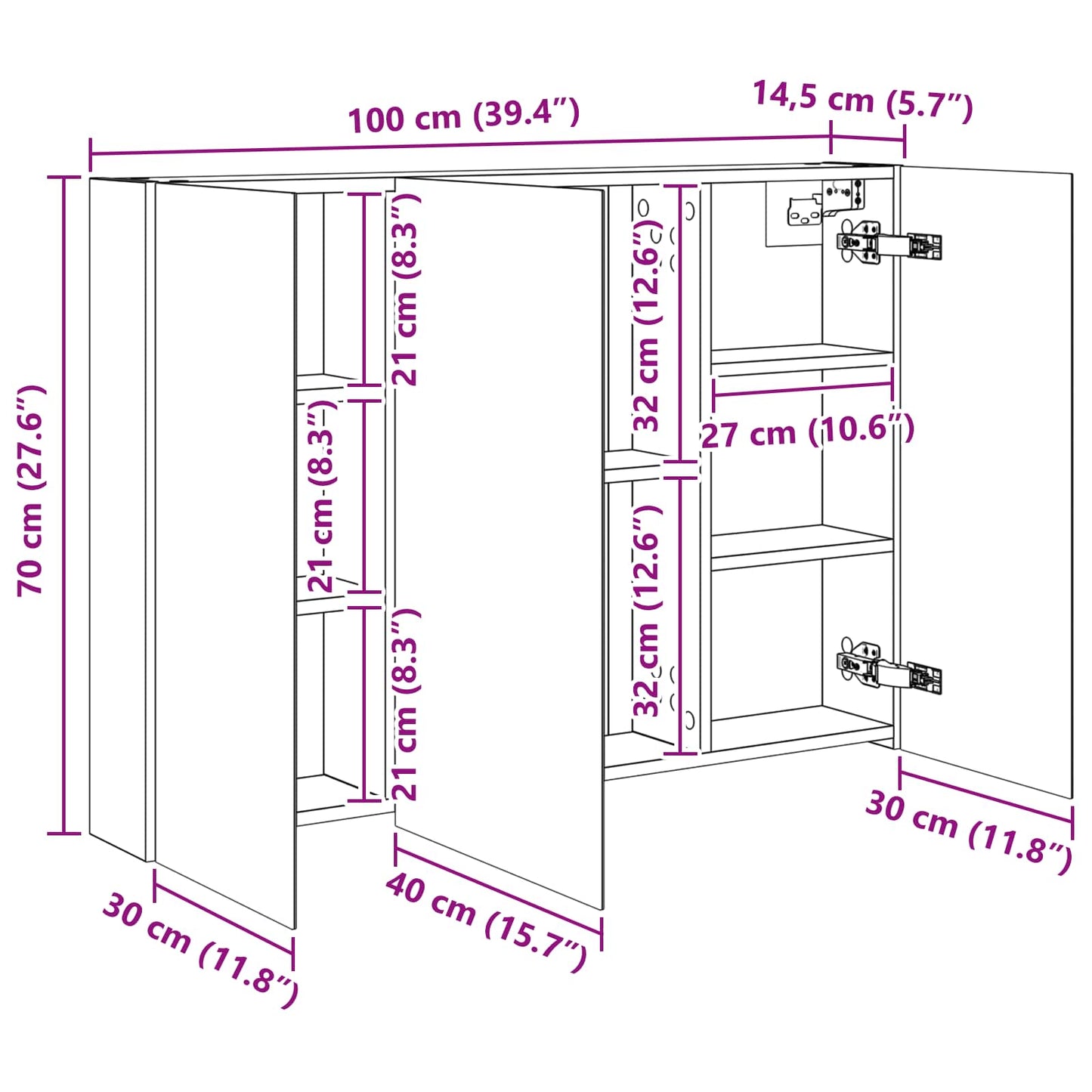 vidaXL Bathroom Mirror Cabinet with Door Smoked Oak 100 x 14.5 x 70 cm