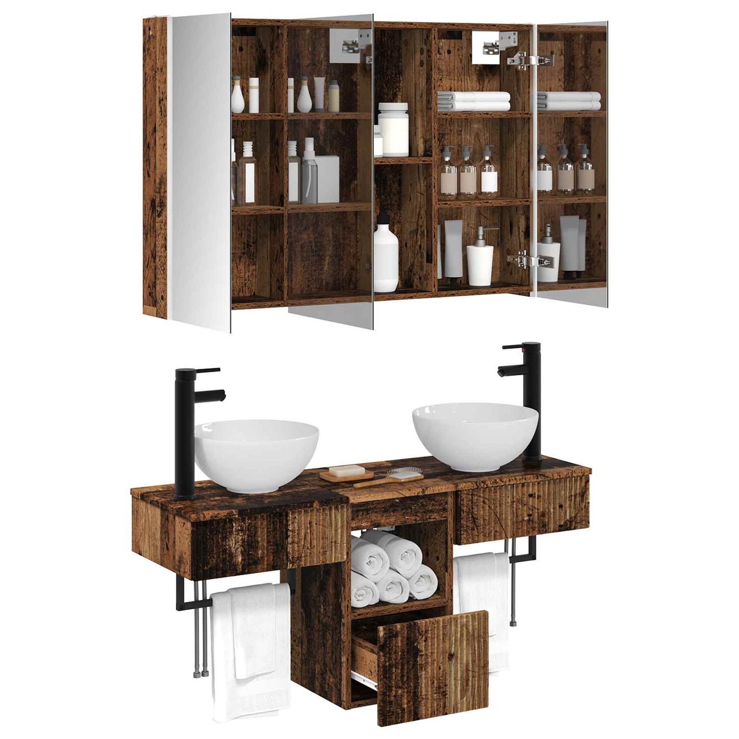 vidaXL Bathroom Cabinet Set 4 pcs Old Wood 103.5 x 15.5 x 70 cm