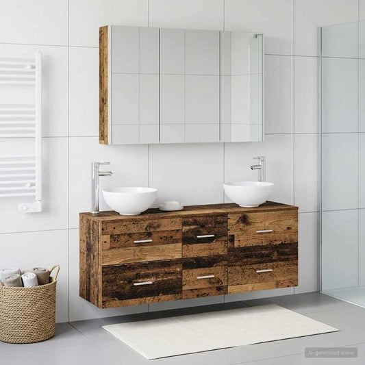 vidaXL Bathroom Furniture Set 4 pcs Old Wood Engineered Wood and Glass