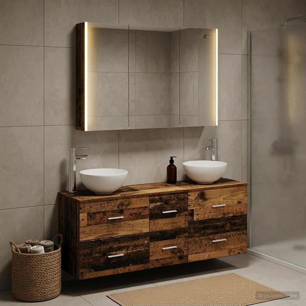vidaXL Bathroom Furniture Set 4 pcs Old Wood Engineered Wood and Glass