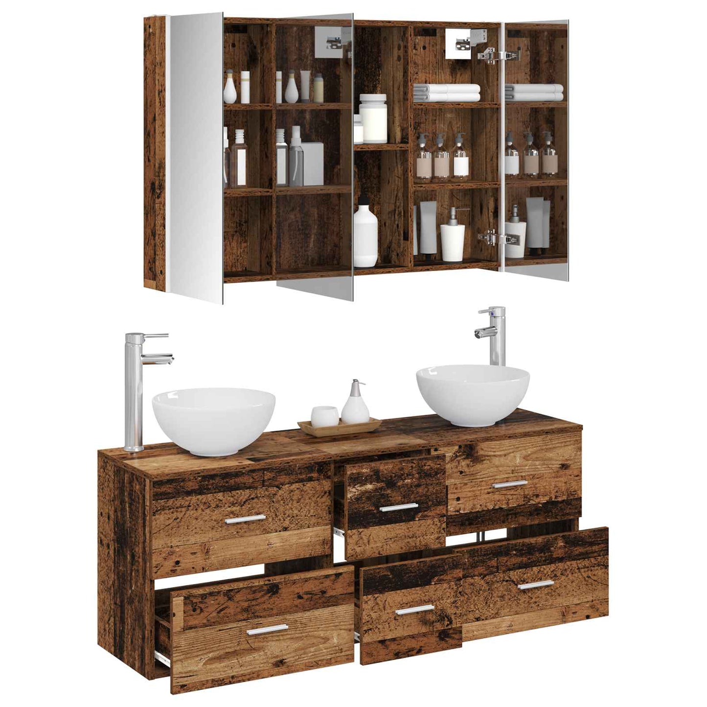 vidaXL Bathroom Furniture Set 4 pcs Old Wood Engineered Wood and Glass