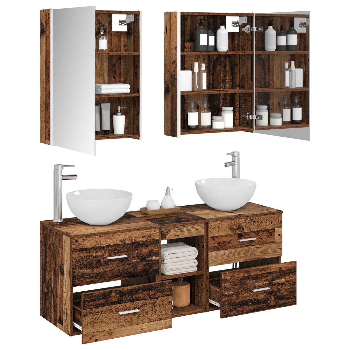 vidaXL Bathroom Furniture Set 5 pcs Old Wood Engineered Wood and Glass
