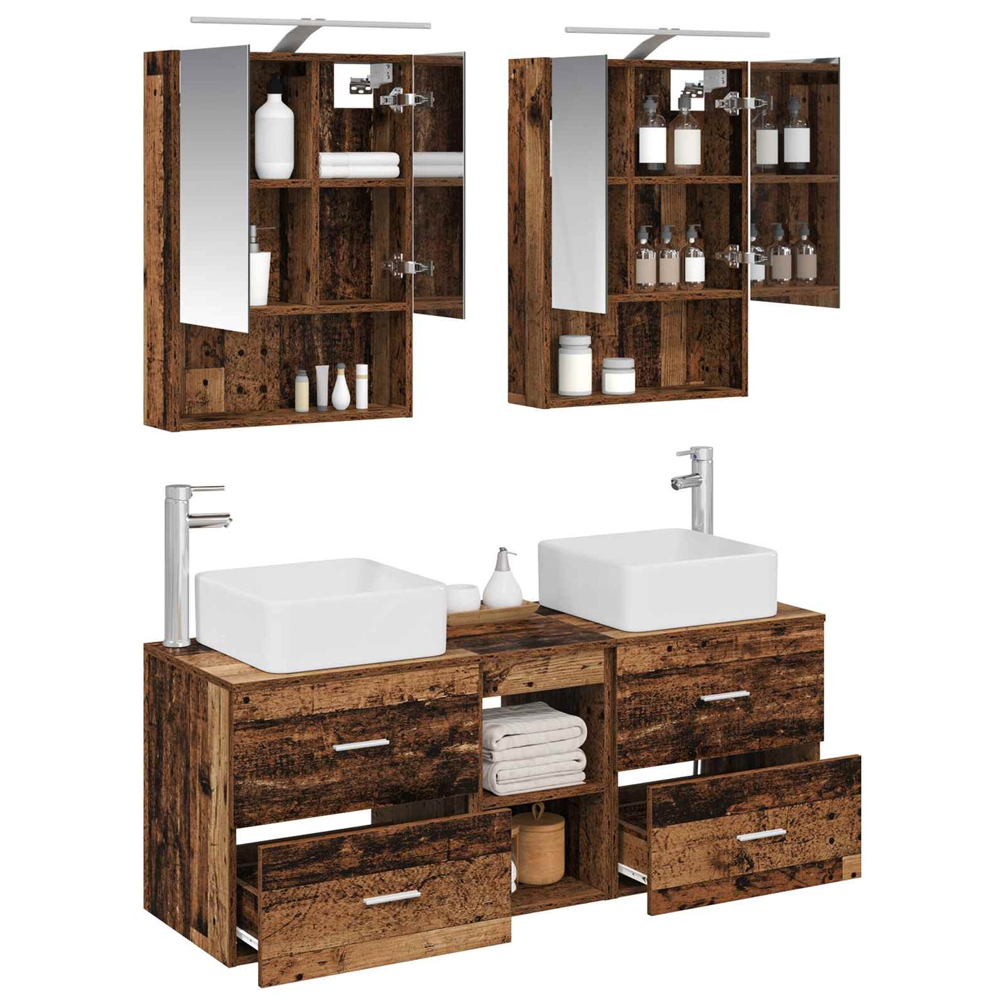 vidaXL Bathroom Furniture Set 5 pcs Old Wood Engineered Wood and Glass