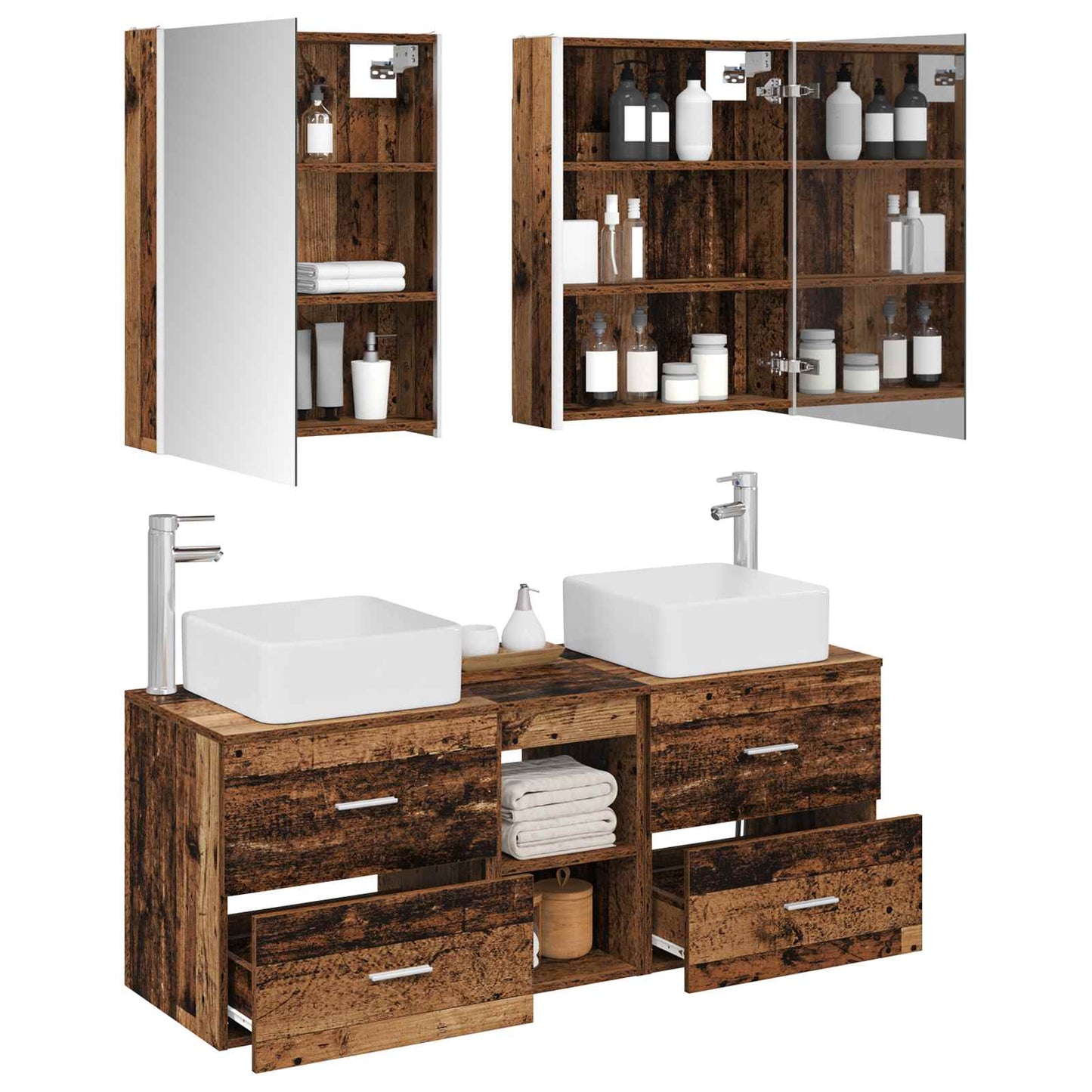 vidaXL Bathroom Furniture Set 5 pcs Old Wood Engineered Wood and Glass