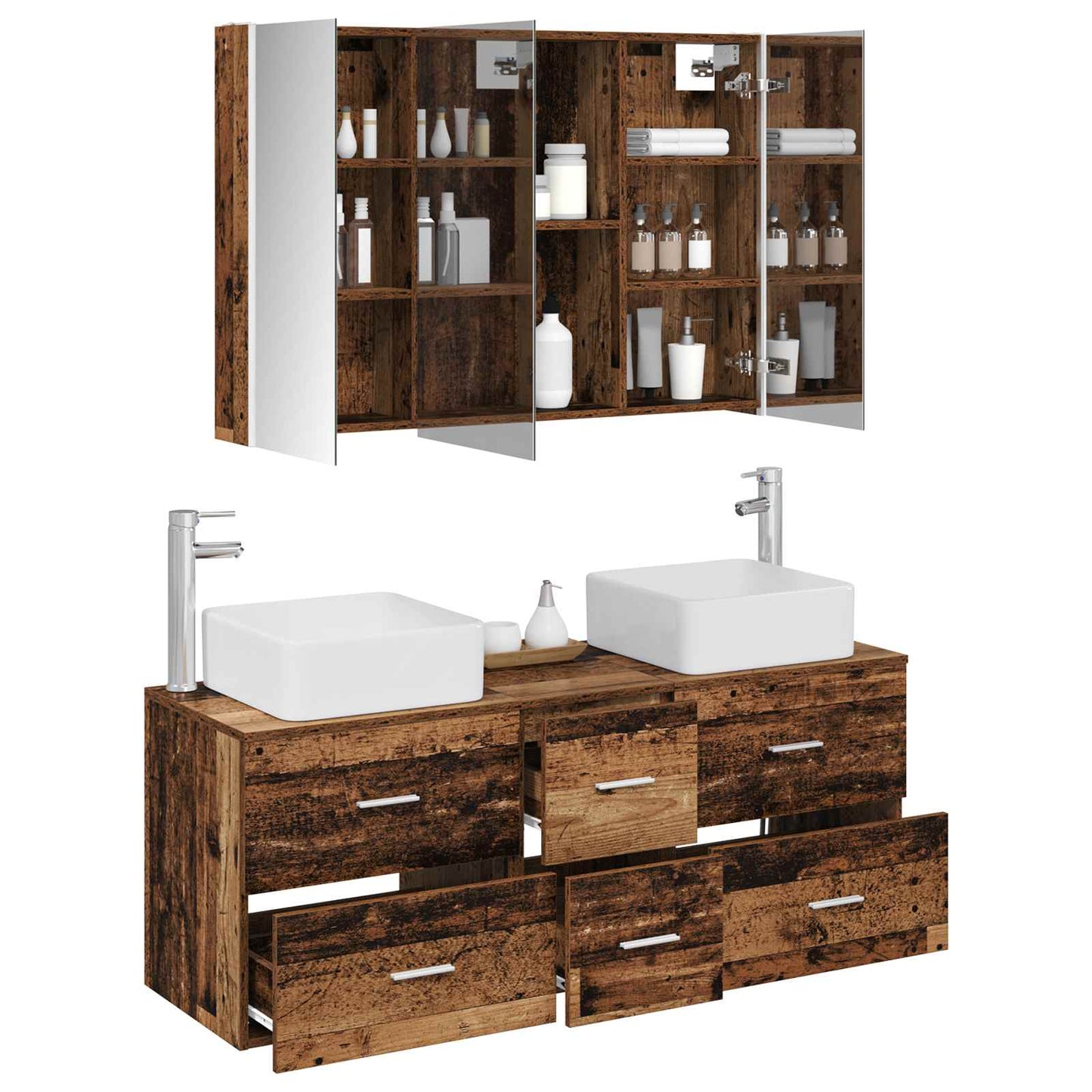 vidaXL Bathroom Furniture Set 4 pcs Old Wood Engineered Wood and Glass