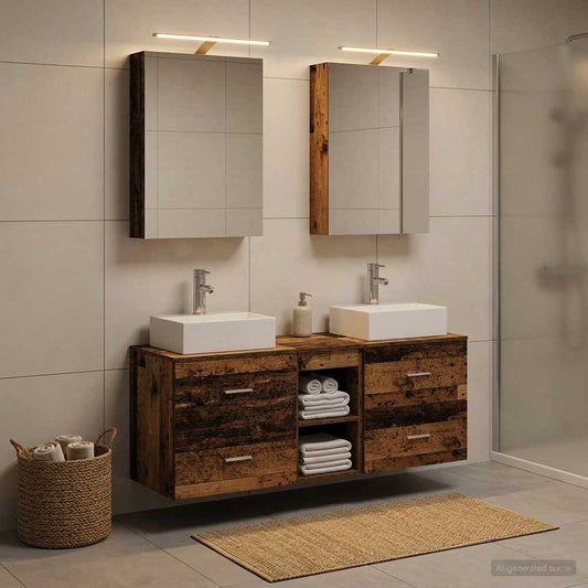vidaXL Bathroom Furniture Set 5 pcs Old Wood Engineered Wood and Glass