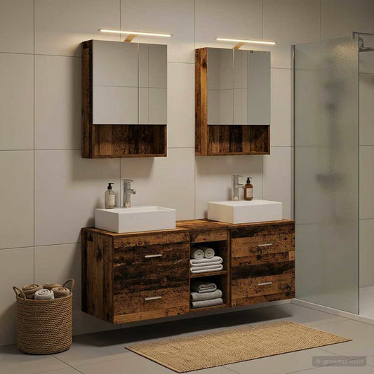 vidaXL Bathroom Furniture Set 5 pcs Old Wood Engineered Wood and Glass