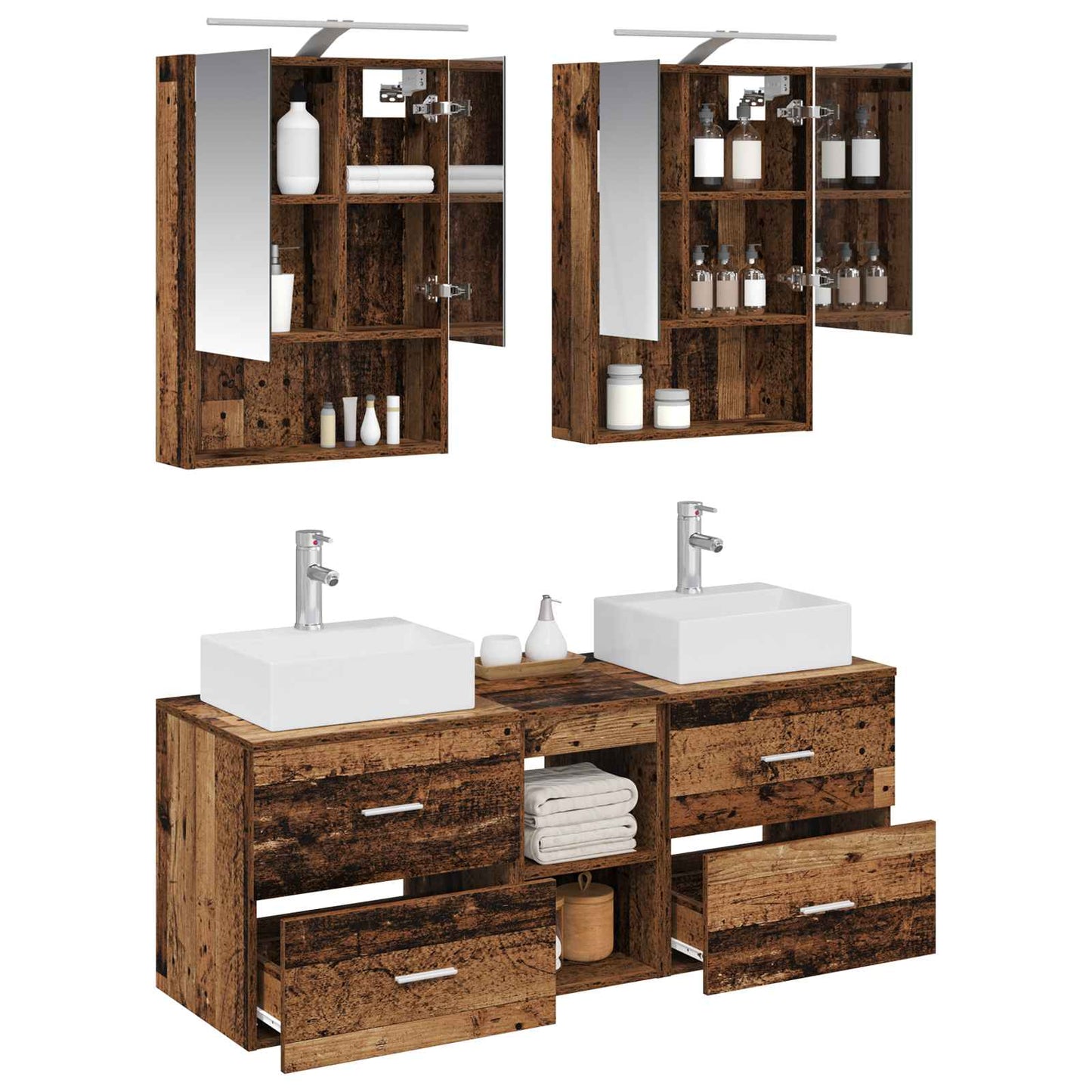vidaXL Bathroom Furniture Set 5 pcs Old Wood Engineered Wood and Glass