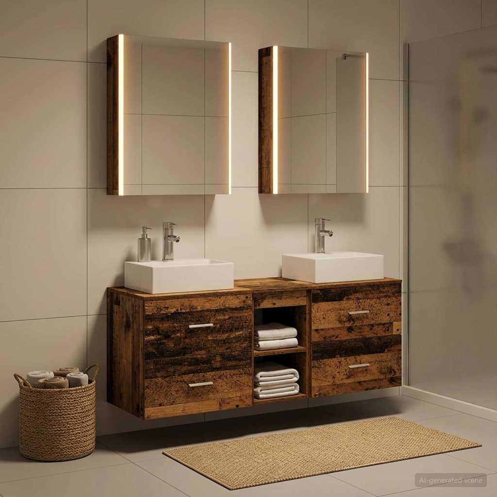 vidaXL Bathroom Furniture Set 5 pcs Old Wood Engineered Wood and Glass