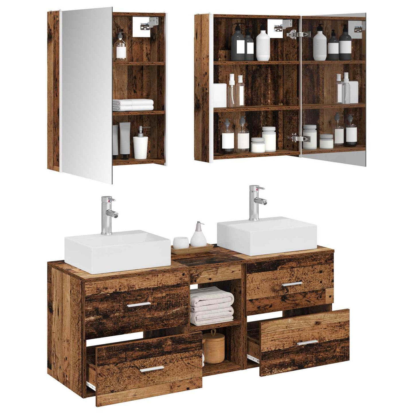 vidaXL Bathroom Furniture Set 5 pcs Old Wood Engineered Wood and Glass