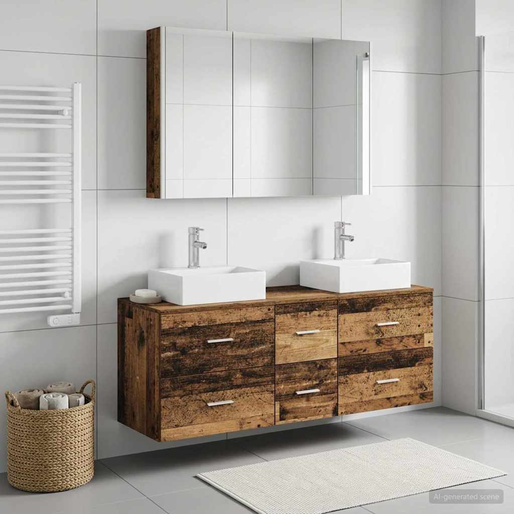 vidaXL Bathroom Furniture Set 4 pcs Old Wood Engineered Wood and Glass