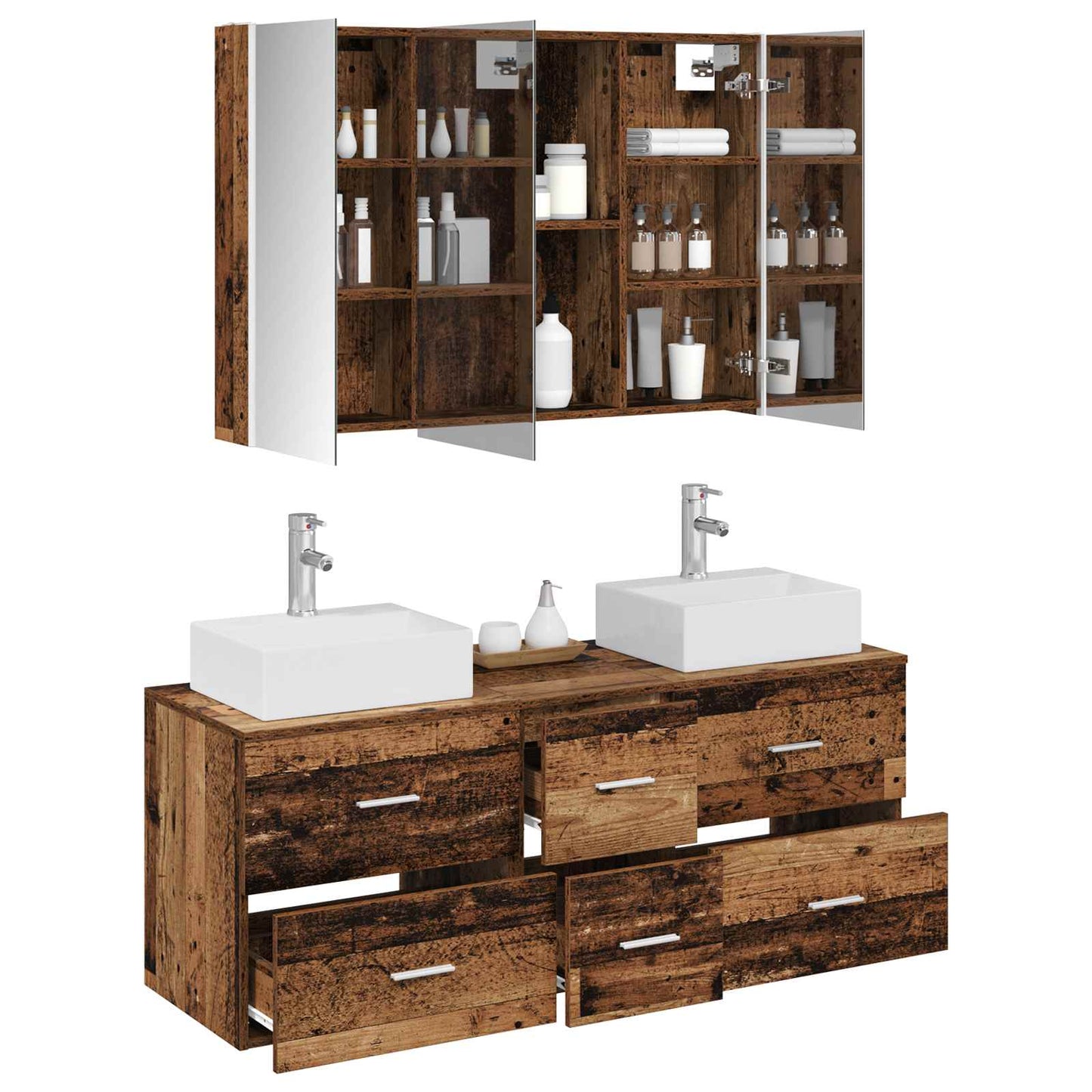 vidaXL Bathroom Furniture Set 4 pcs Old Wood Engineered Wood and Glass