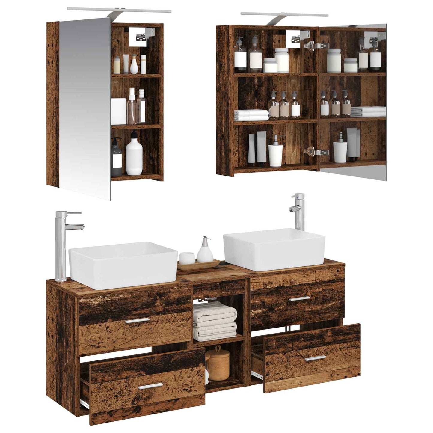 vidaXL Bathroom Furniture Set 5 pcs Old Wood Engineered Wood and Glass