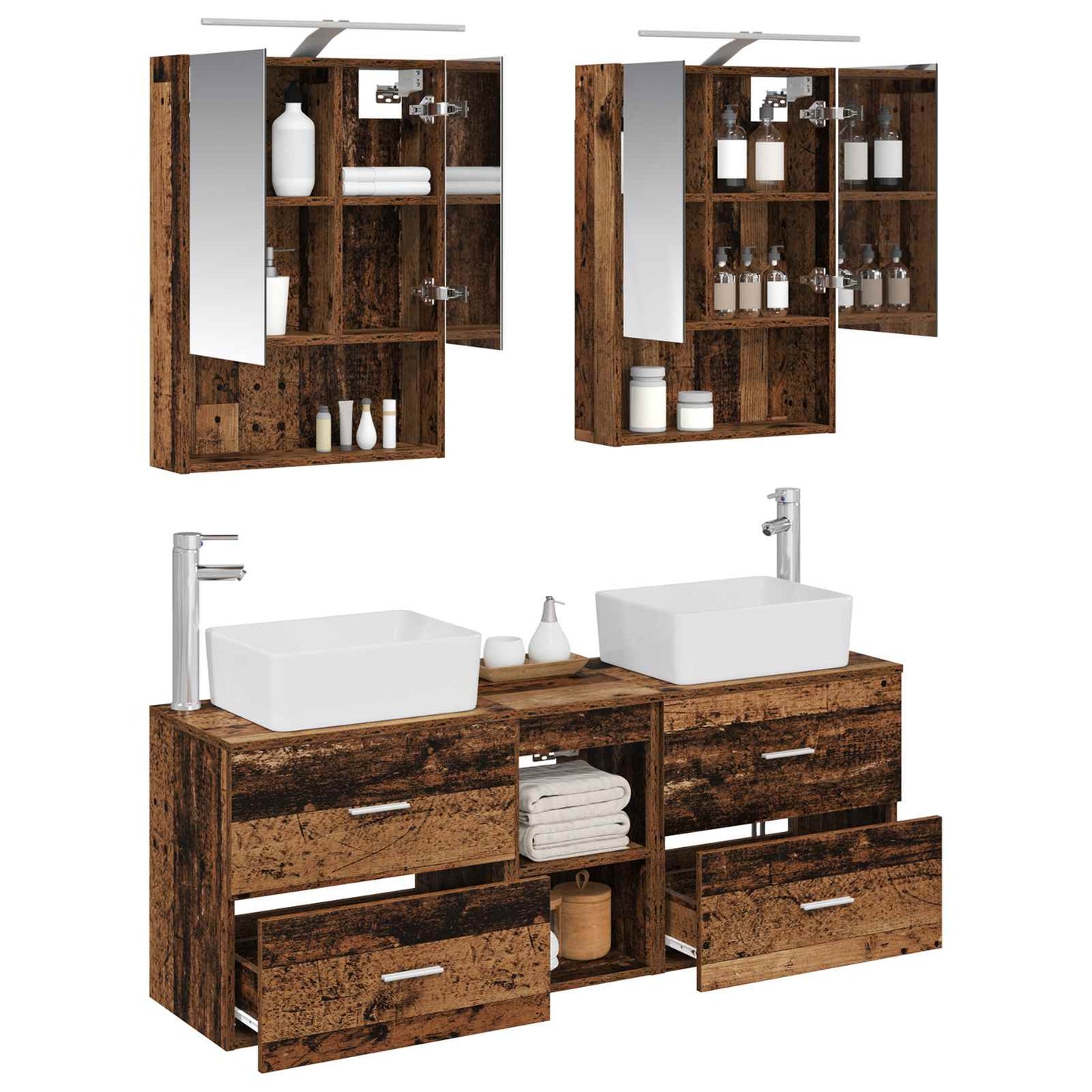 vidaXL Bathroom Furniture Set 5 pcs Old Wood Engineered Wood and Glass