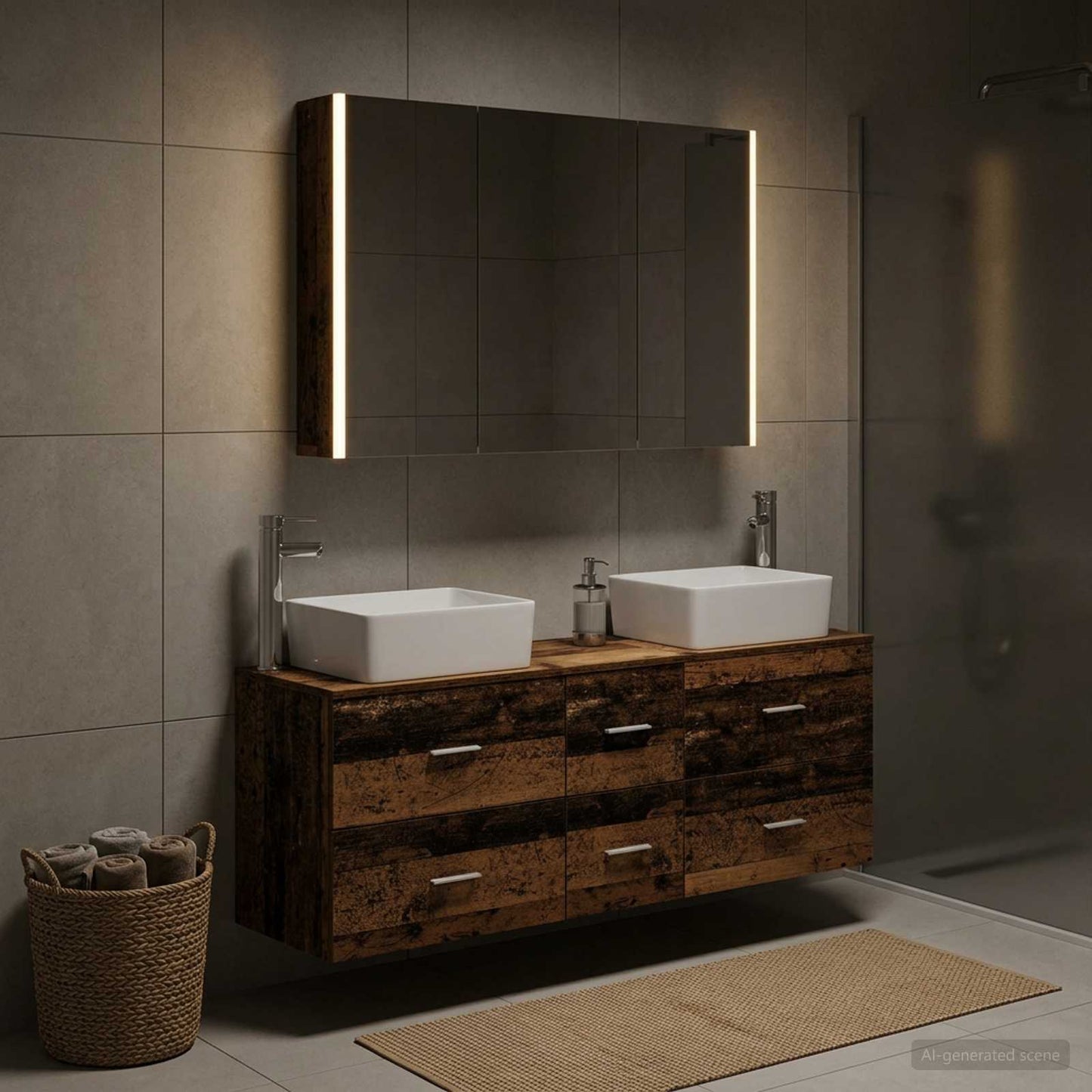 vidaXL Bathroom Furniture Set 4 pcs Old Wood Engineered Wood and Glass