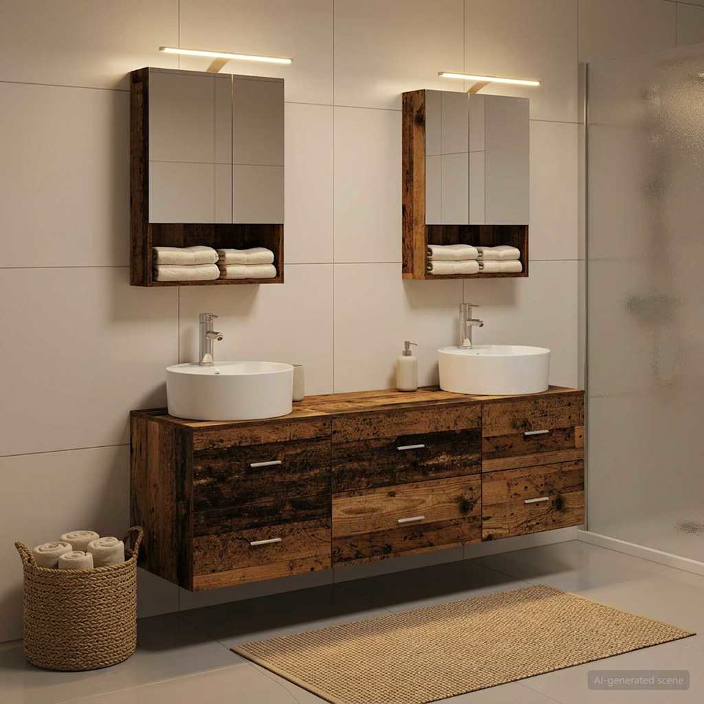 vidaXL Bathroom Furniture Set 5 pcs Old Wood Engineered Wood and Glass