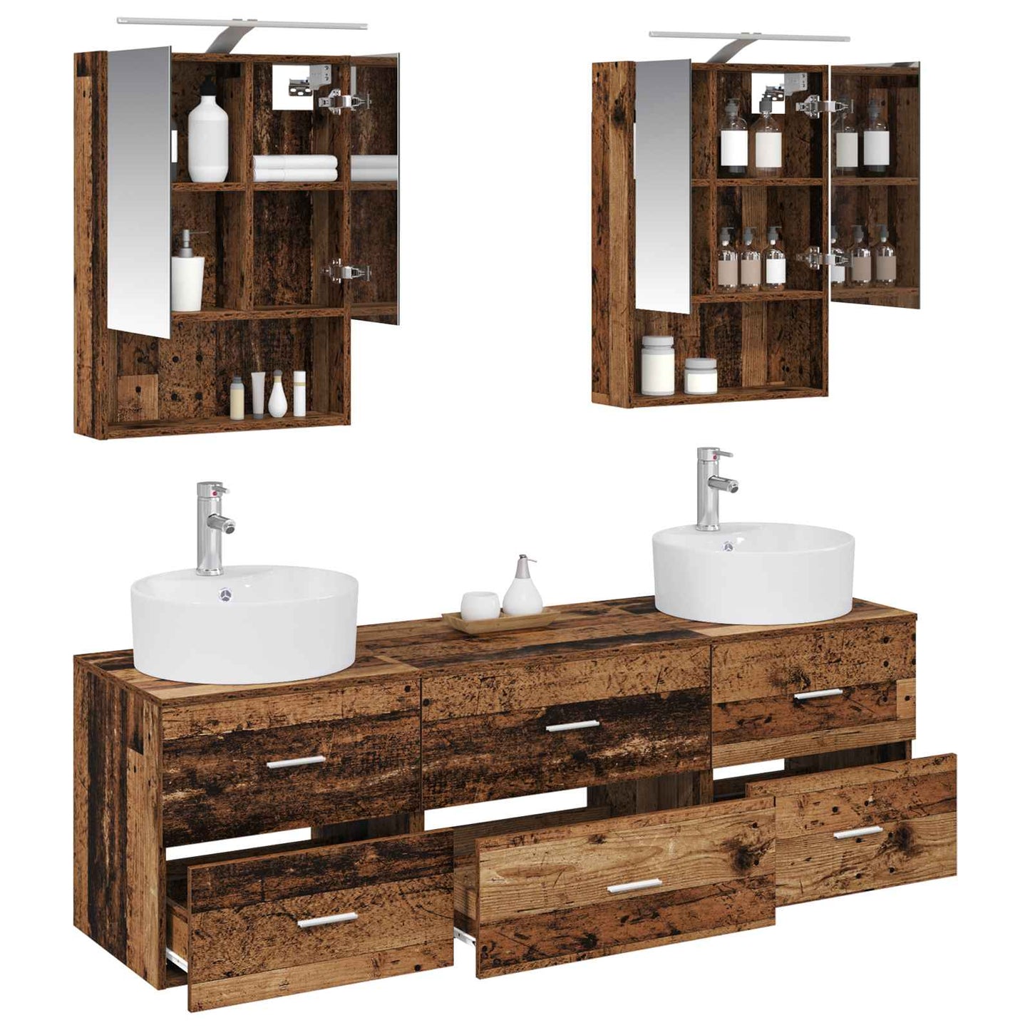 vidaXL Bathroom Furniture Set 5 pcs Old Wood Engineered Wood and Glass