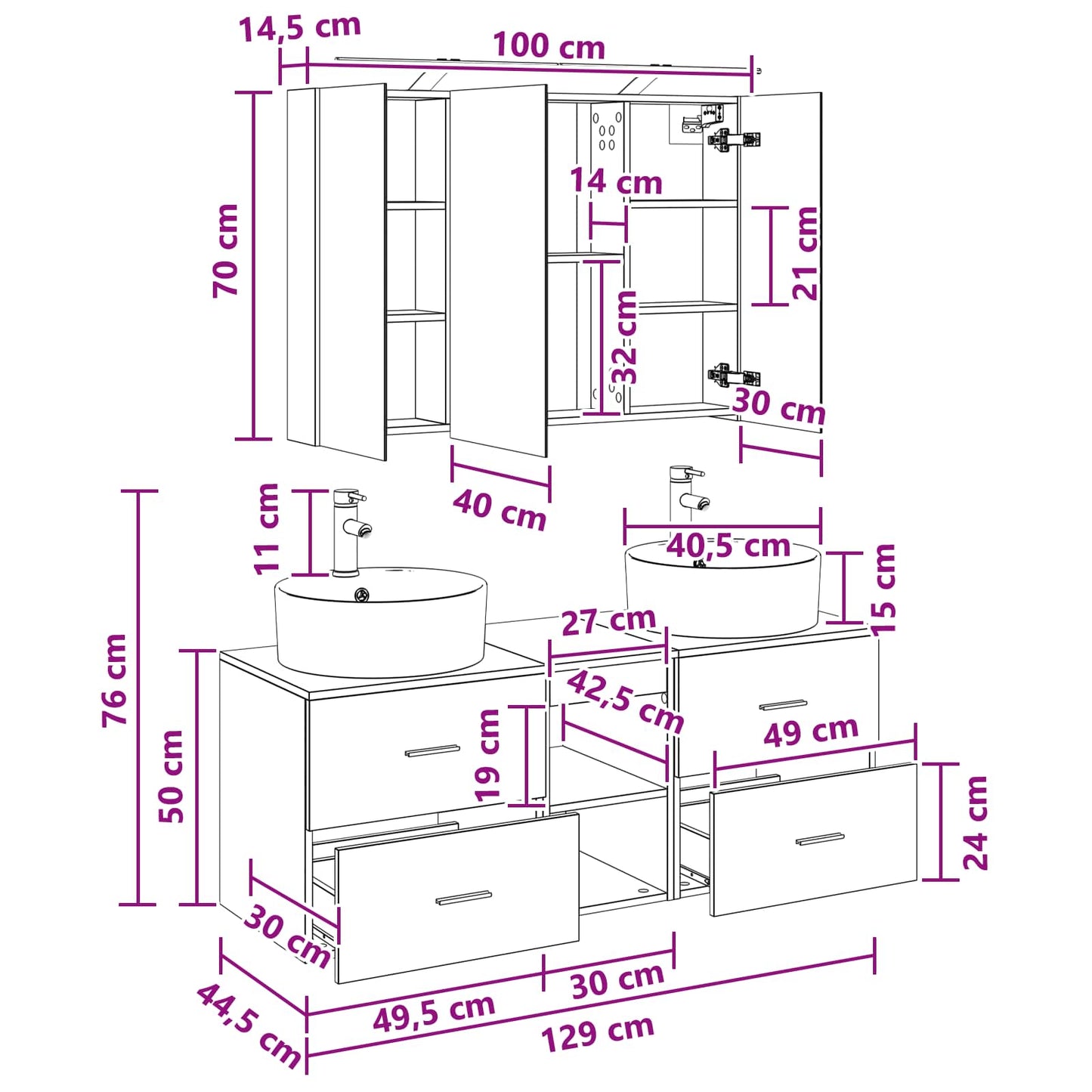 vidaXL Bathroom Furniture Set 4 pcs White Engineered Wood and Glass