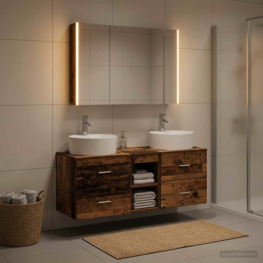 vidaXL Bathroom Furniture Set 4 pcs Old Wood Engineered Wood and Glass