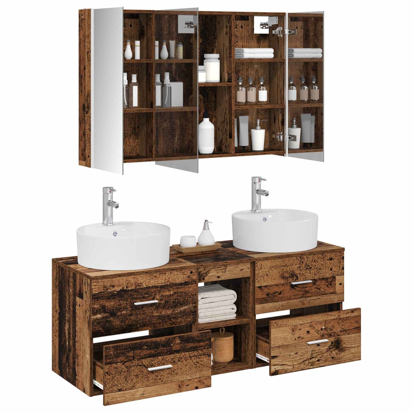 vidaXL Bathroom Furniture Set 4 pcs Old Wood Engineered Wood and Glass