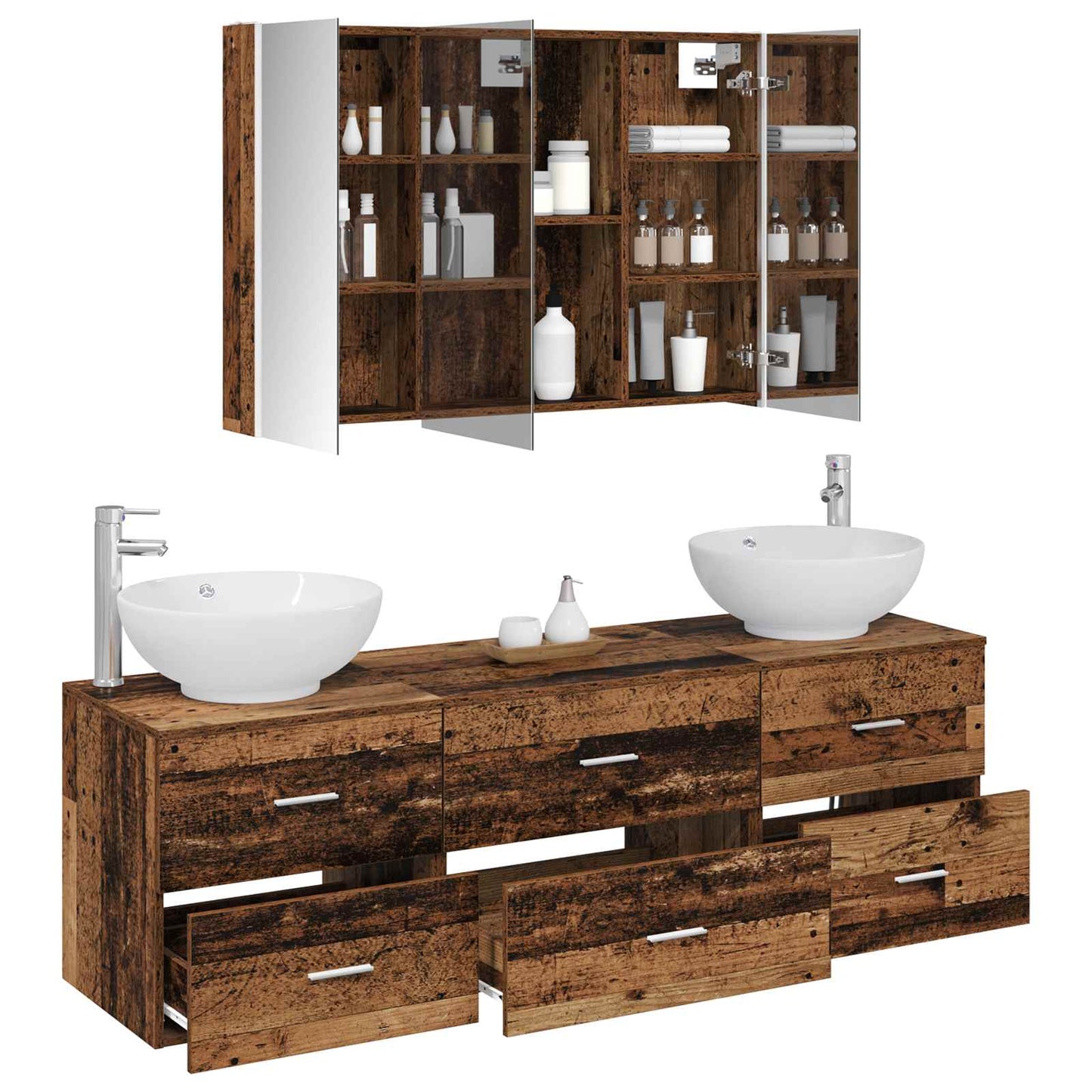 vidaXL Bathroom Furniture Set 4 pcs Old Wood Engineered Wood and Glass
