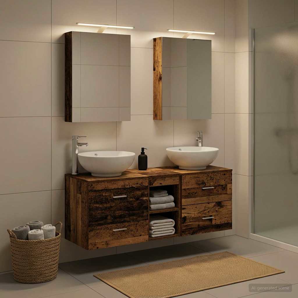 vidaXL Bathroom Furniture Set 5 pcs Old Wood Engineered Wood and Glass