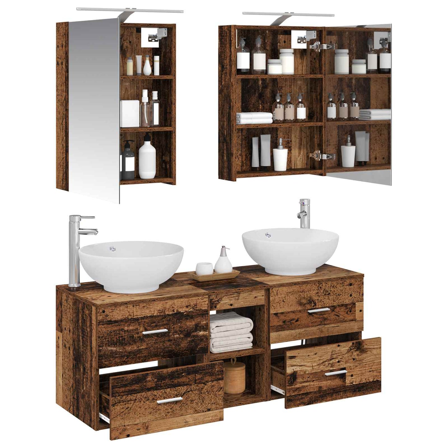 vidaXL Bathroom Furniture Set 5 pcs Old Wood Engineered Wood and Glass