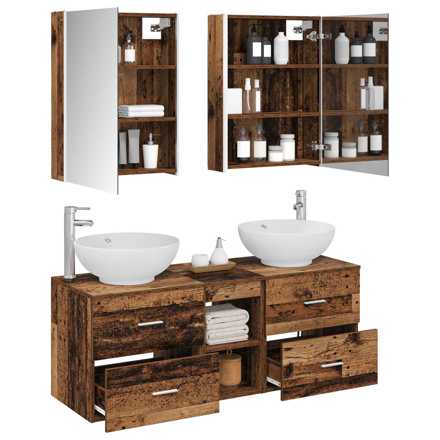 vidaXL Bathroom Furniture Set 5 pcs Old Wood Engineered Wood and Glass